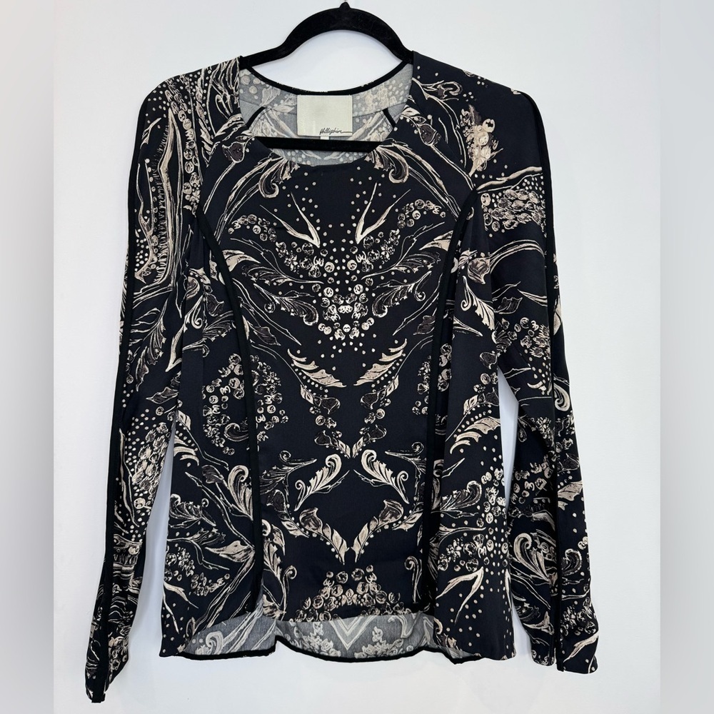 3.1 Philip Lim Women's Silk top shirt long sleeve baroque design Black size 4